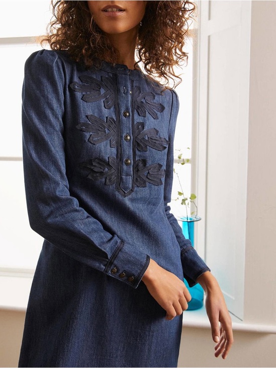 Boden Dresses & Skirts - Boden Samantha Denim Dress US 12 Long Sleeve Embroidered Casual Midi Cotton